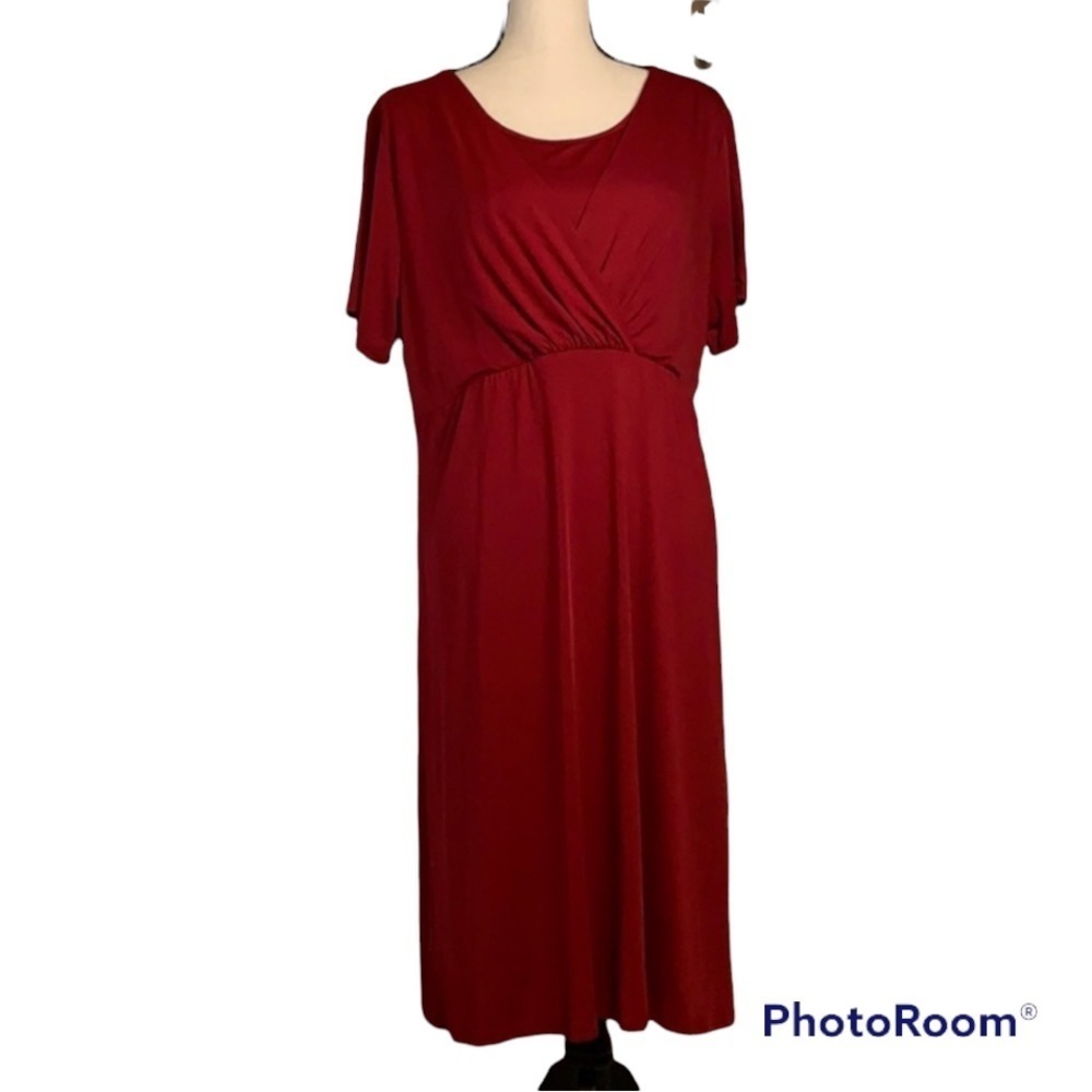 Red Short Sleeve Elastic Waist Midi Dress